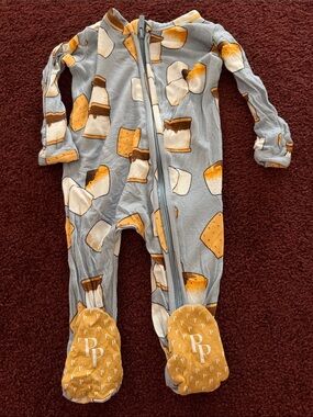 Newborn One-Piece Footed Pajamas in Light Blue with S'mores Print